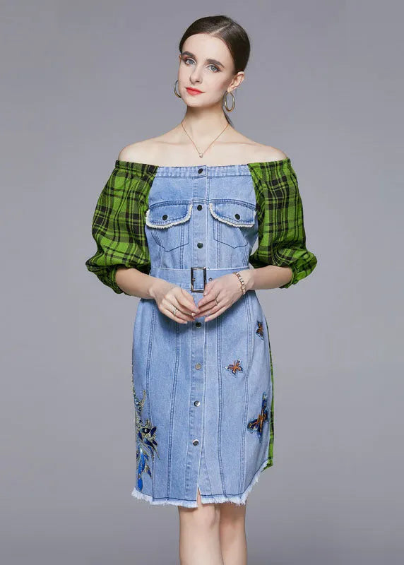 Diy Blue Slash Neck Embroideried Patchwork Cotton Denim Dress Lantern Sleeve