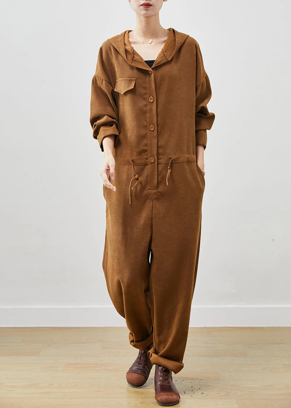 Unique Khaki Oversized Drawstring Cotton Overalls Jumpsuit Spring