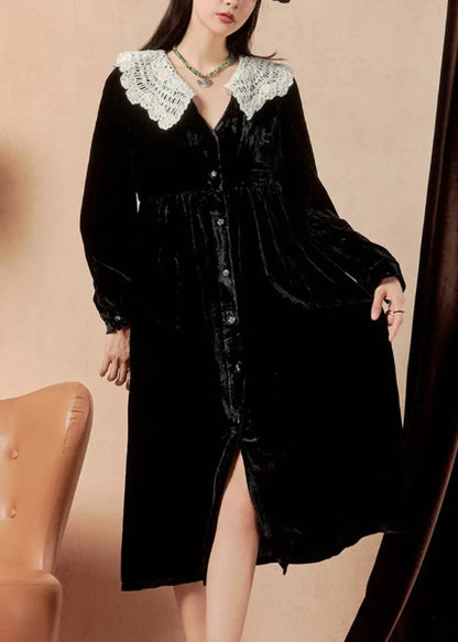 Italian Black Button Patchwork Silk Velour Shirts Dress Winter