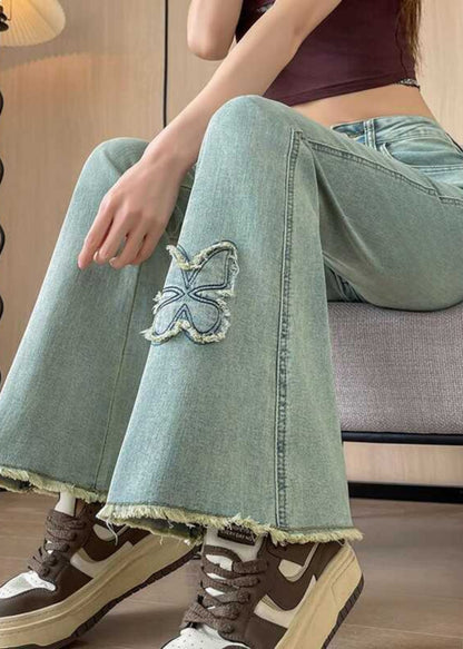 Blue Butterfly Decorated Denim Flare Bottoms Fall