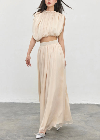 Apricot Ruffled Tops and Skirts Cotton Two Pieces Set Sleeveless