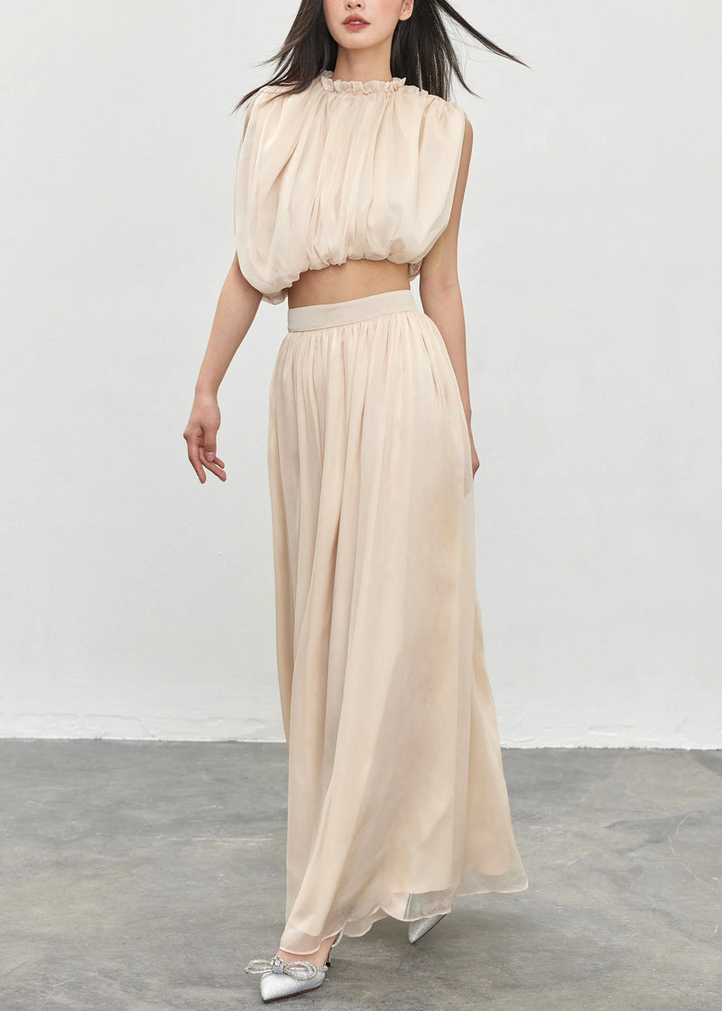 Apricot Ruffled Tops and Skirts Cotton Two Pieces Set Sleeveless