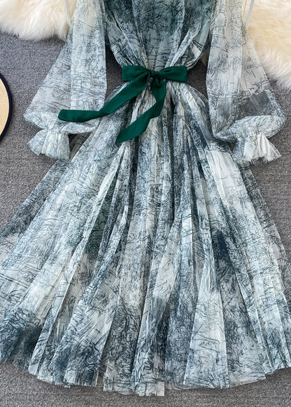 Green O-neck Slim Tulle Long Dress Puff Sleeve
