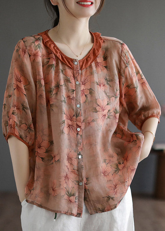 Red Ruffled Print Linen Shirt Half Sleeve