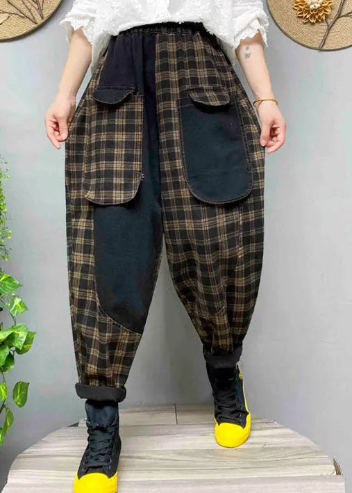 Loose Black Pockets Plaid Denim Pants Spring