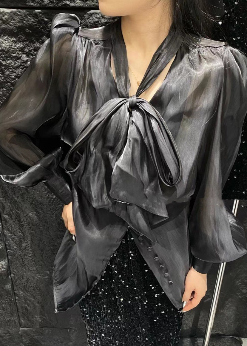 Black Button Silk Shirt Bow Long Sleeve
