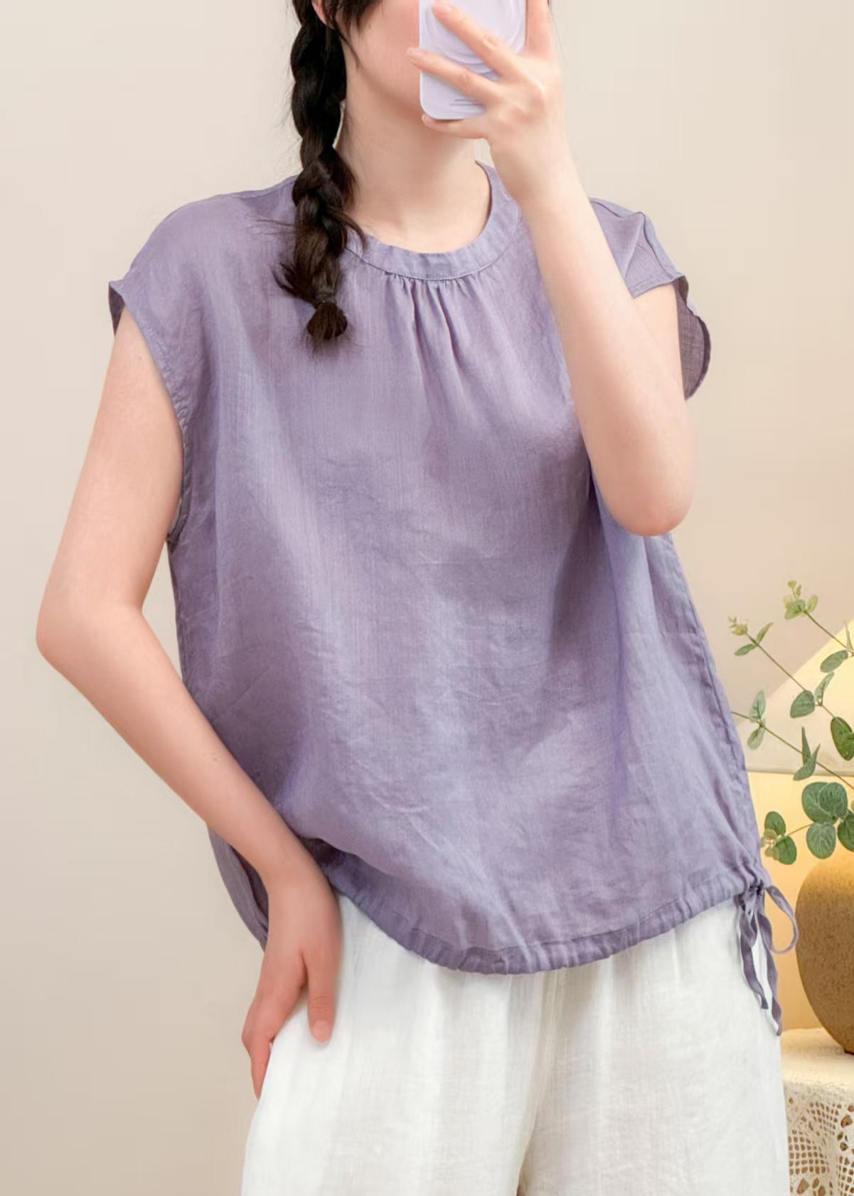Purple Lace Up Linen Summer Shirts O Neck