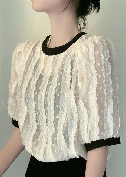 Apricot O-neck Ruffled Patchwork Chiffon Shirt Summer