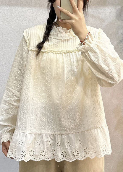 White Hollow Out Lace Patchwork Cotton Top Long Sleeve