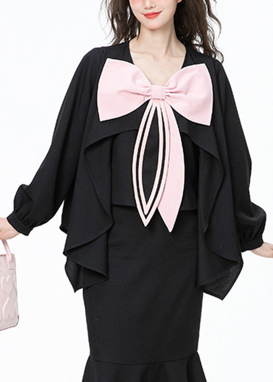 Black O-neck Bow Chiffon Shirt Long Sleeve