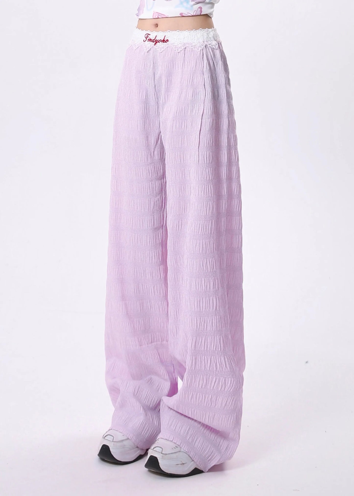 Blue Pockets Lace Patchwork Cotton Pants Spring