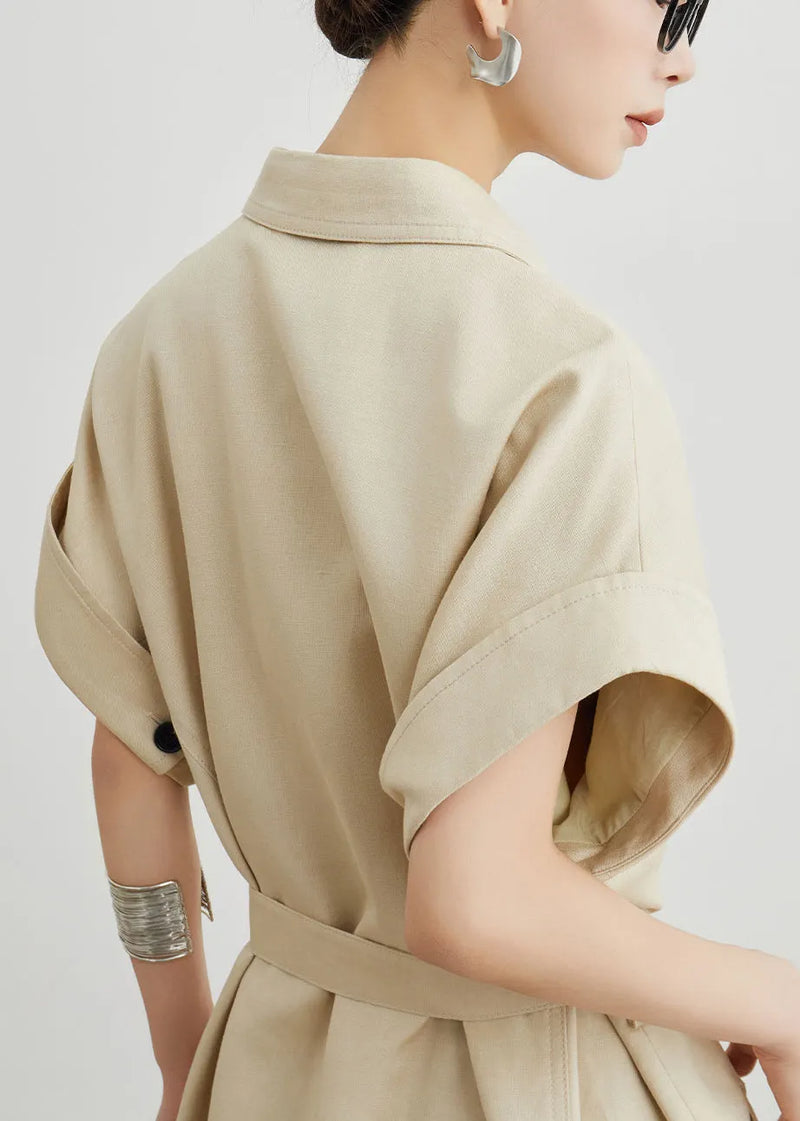 Khaki Peter Pan Collar Pockets Sashes Cotton T Shirts Dresses Summer