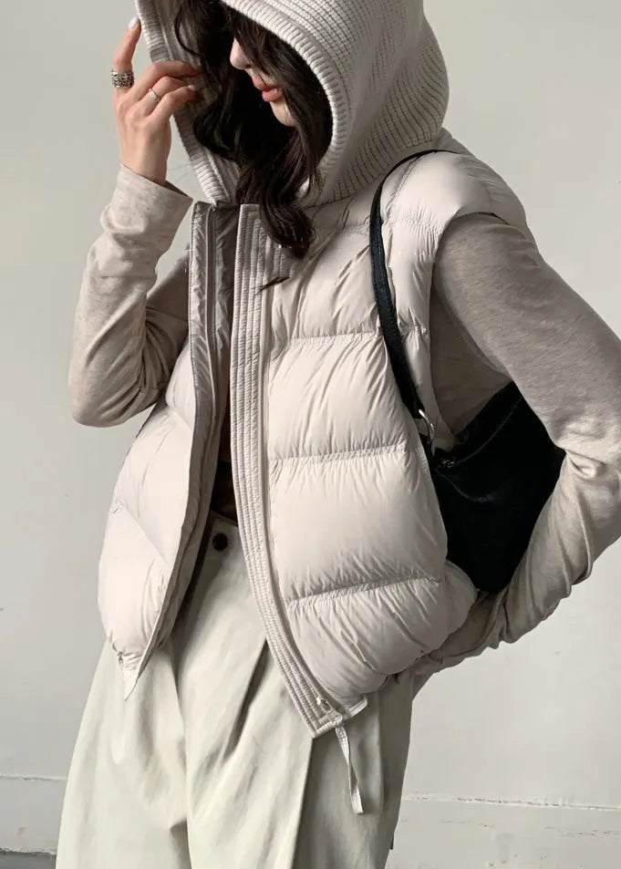 Loose Apricot Hooded Drawstring Patchwork Duck Down Waistcoat Winter