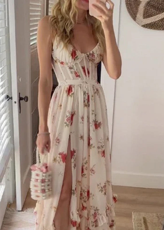 White Ruffled Print Side Open Cotton Long Dresses Sleeveless