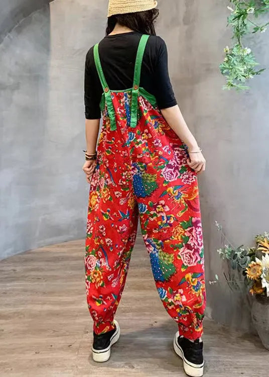 Red High Waist Patchwork Cotton Jumpsuits Pockets Fall