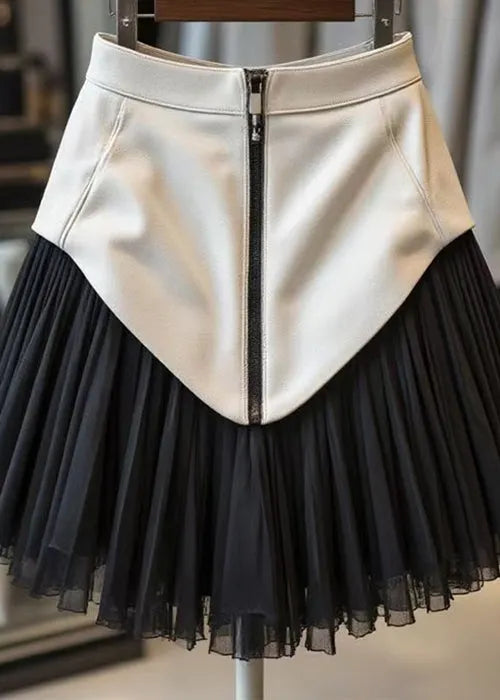 Black Zippered Tulle Patchwork Faux Leather Skirts Wrinkled