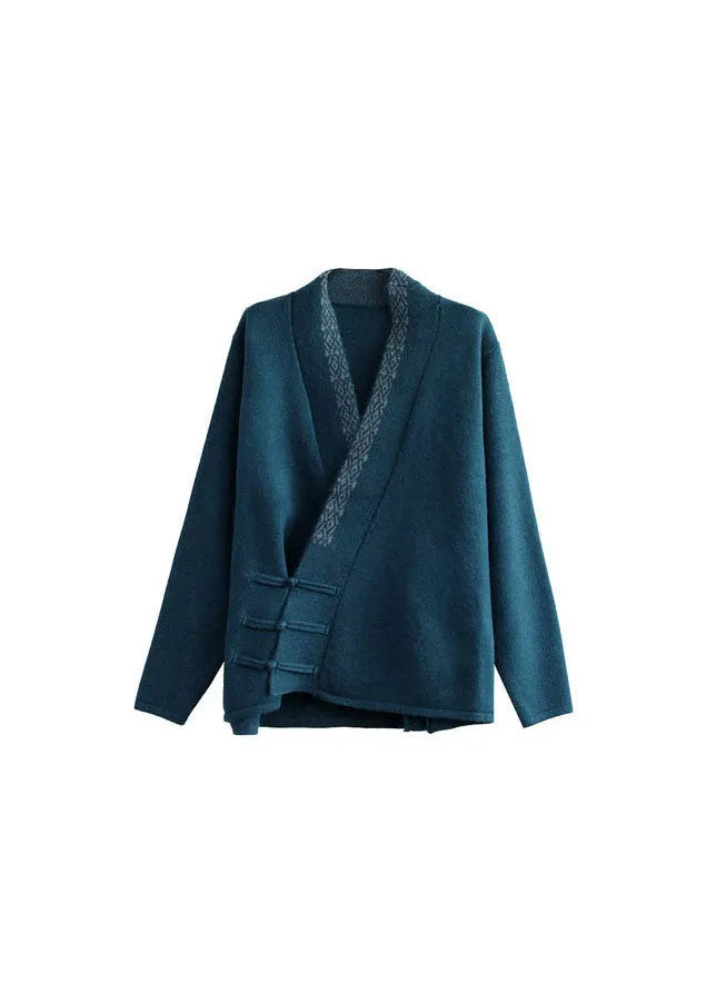 Blue Button V Neck Embroideried Woolen Coats Long Sleeve