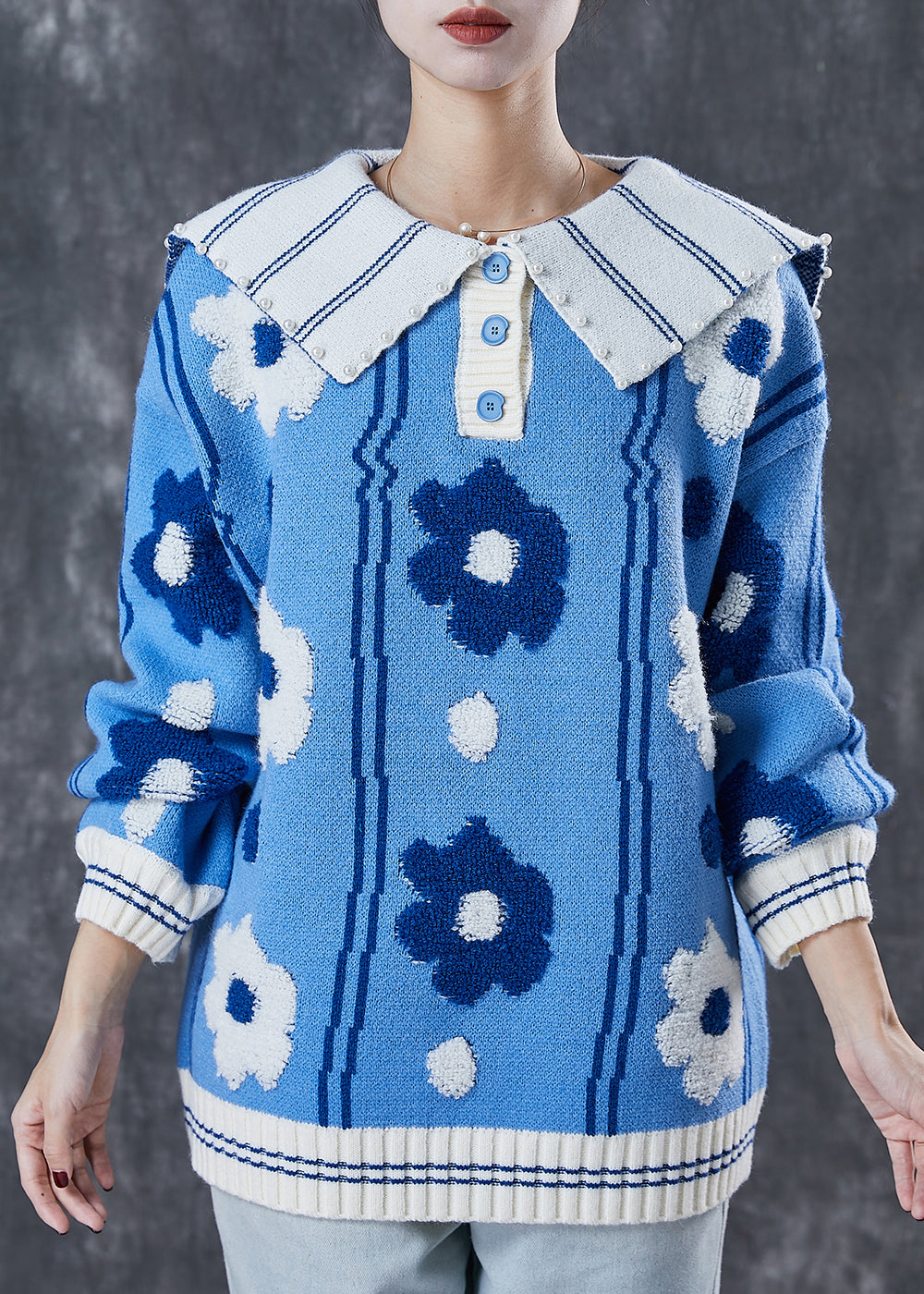 Blue Jacquard Knitted Tops Oversized Pearls Spring
