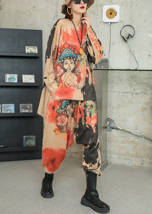 Khaki Asymmetrical Character Print Knit Two Piece Outfit Long Sleeve