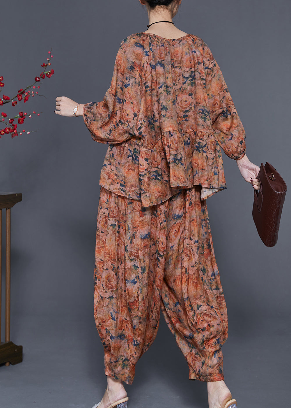 Handmade Coffee Oversized Print Linen Two-piece Set Spring
