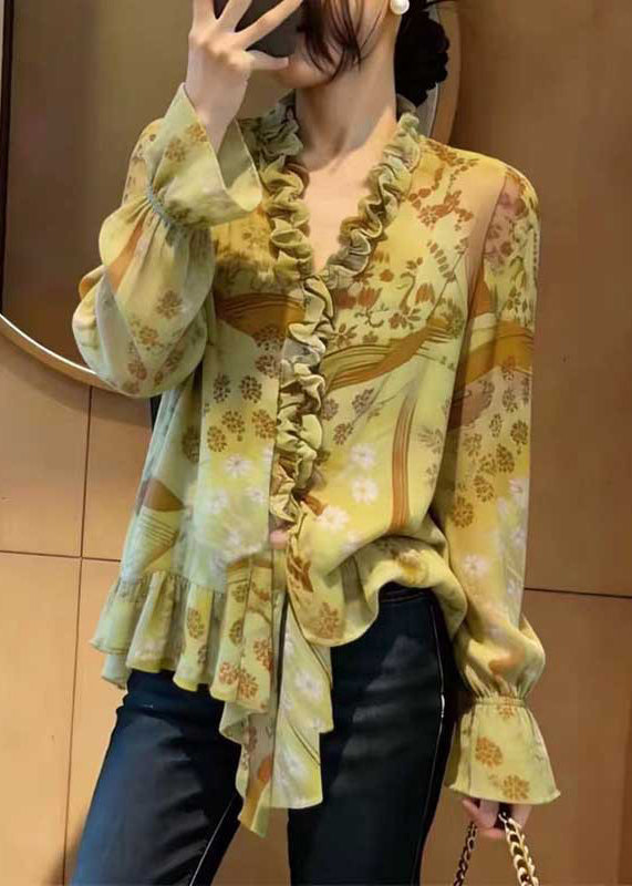 Green Ruffled Print Chiffon Blouse Top Spring