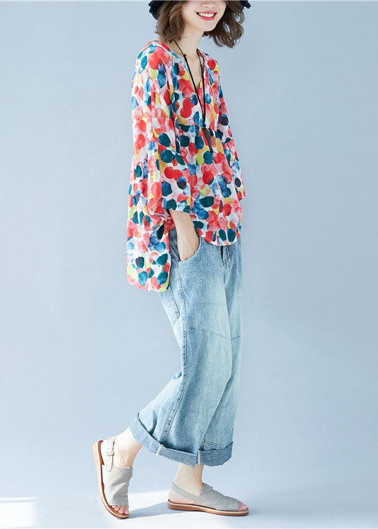 Red V Neck Dot Print Patchwork Wrinkled Chiffon Blouses Short Sleeve
