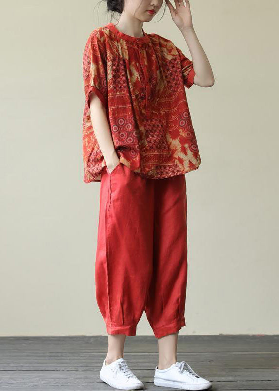 Red O-neck Button Top and Harem Pants Two Pieces Set Short Sleeve