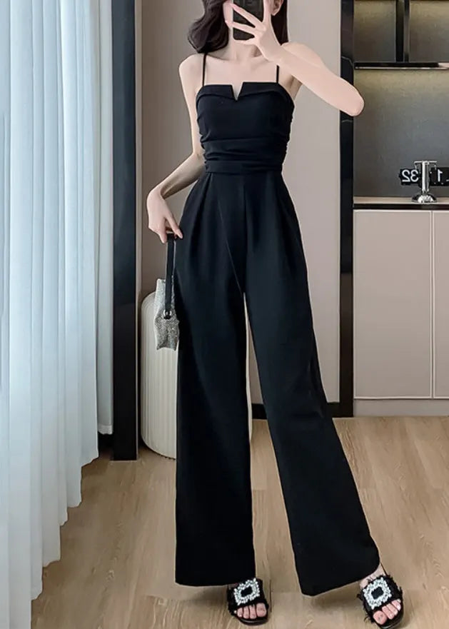 Black Cold Shoulder Silk Sleeveless Jumpsuits Pockets