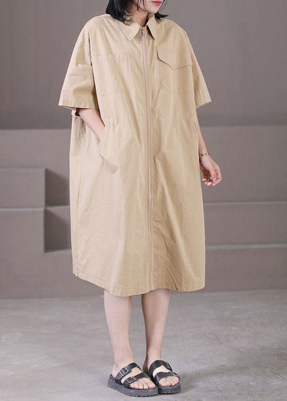 Classy Khaki Turn-down Collar Zip Up Pockets Cotton a Line Dress Summer