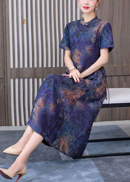 Unique Blue Mandarin Collar Tie Waist Tie Dye Silk Dresses Short Sleeve