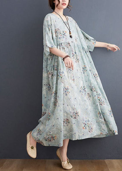 Style Light Blue Oversized Print Exra Large Hem Cotton a Line Dress Summer
