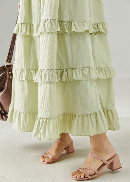 Green Ruffled Silm Fit Cotton Long Dress Summer