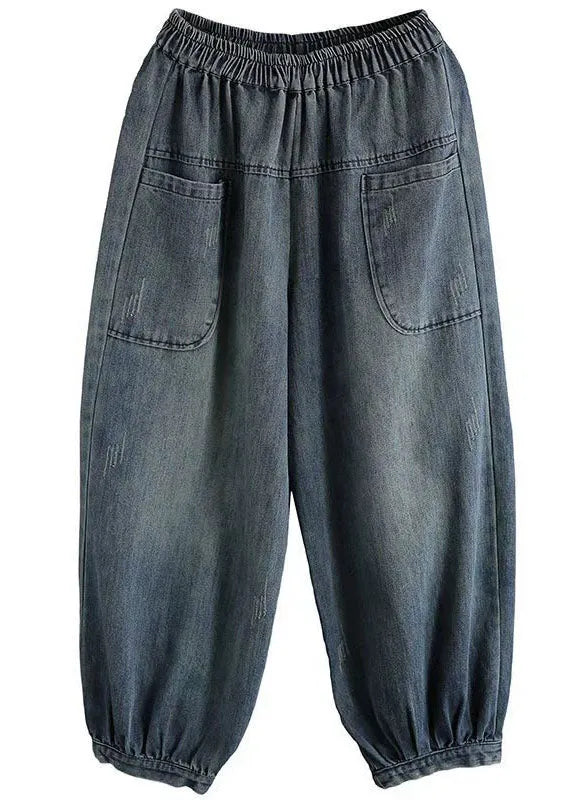 Blue Elastic Waist Big Pockets Patchwork Cotton Denim Harem Pants Summer