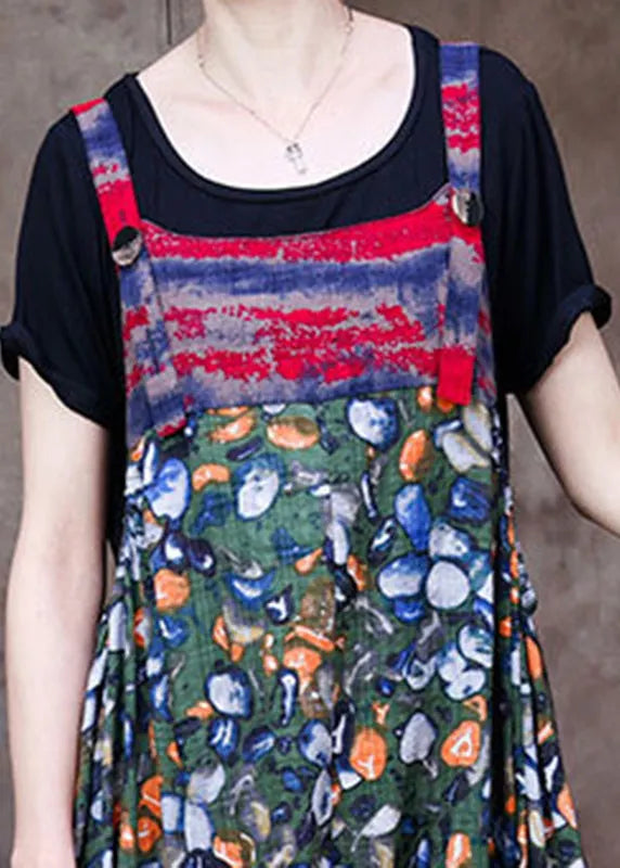 Stylish Green Patchwork Plaid Print Linen Overalls Jumpsuit and Cotton Tanks Two Piece Set Summer