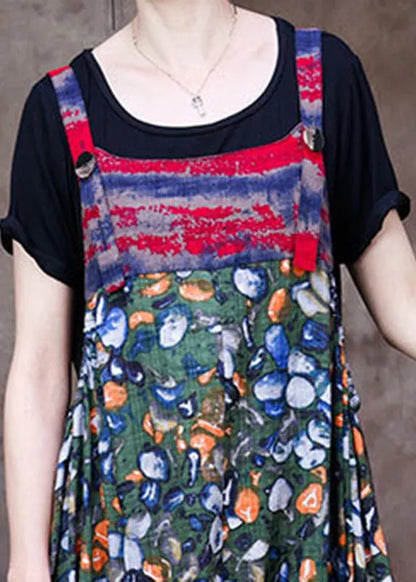 Stylish Green Patchwork Plaid Print Linen Overalls Jumpsuit and Cotton Tanks Two Piece Set Summer