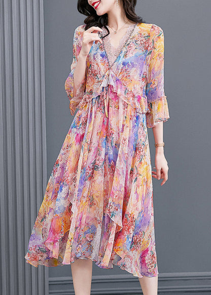 Light Pink V Neck Print Patchwork Flare Dress Fall