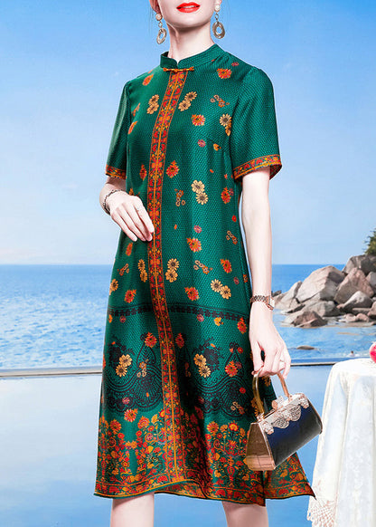 Blue Green Mandarin Collar Print Side Open Silk Cheongsam Dresses Short Sleeve