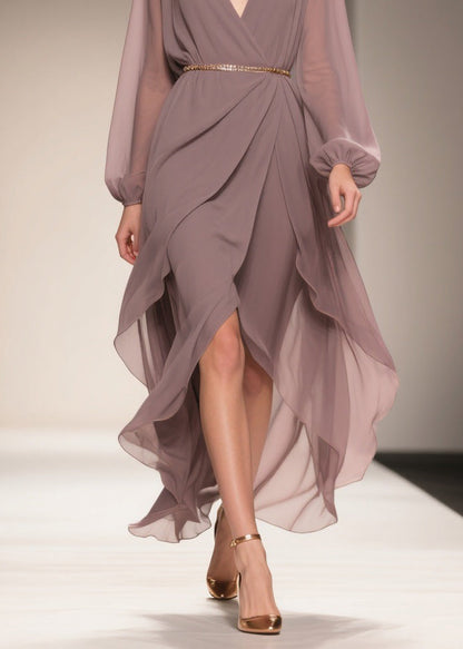 Soft Misty Lavender Gray Low High Design Chiffon Dress V Neck Summer