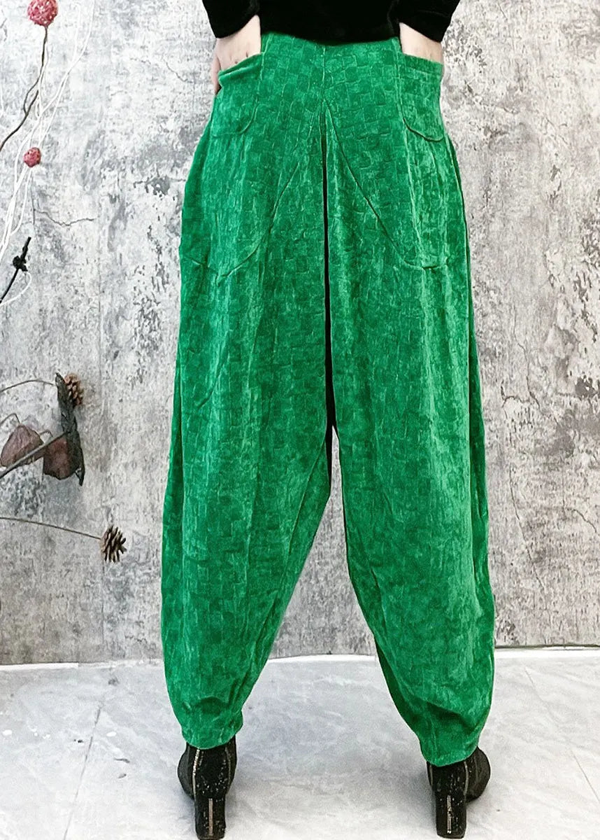 Green Plaid Elastic Waist Velour Lantern Pants Spring