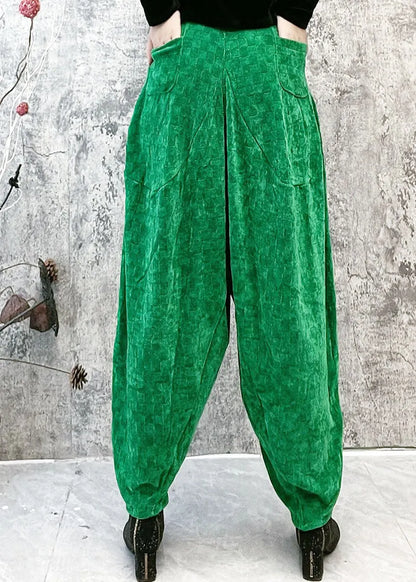 Green Plaid Elastic Waist Velour Lantern Pants Spring