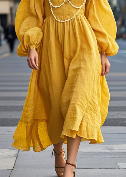 Yellow V Neck Nail Bead Cotton Long Dress Lantern Sleeve