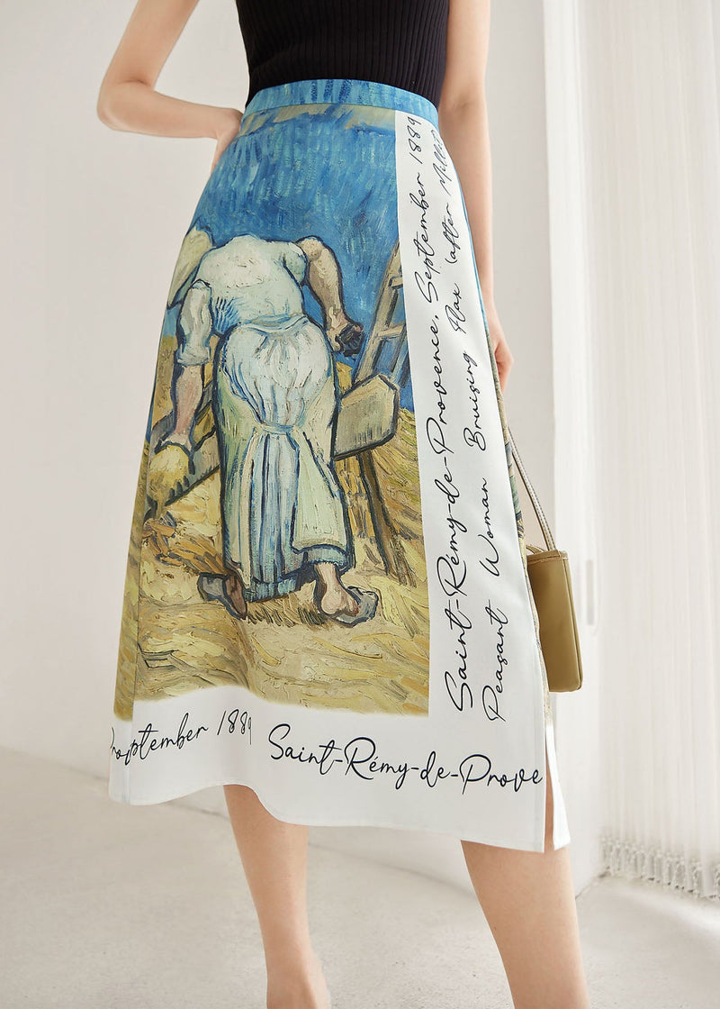 Italian Colorblock Print Silk a Line Skirts Summer