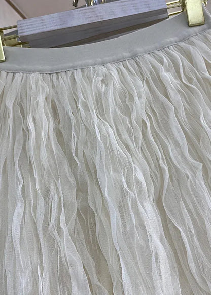 Modern Apricot Patchwork Wrinkled Elastic Waist Tulle Maxi Skirts Spring