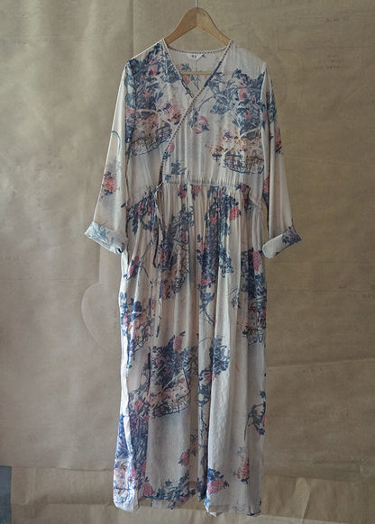 Blue Print Holiday Long Dress Tie Waist V Neck Long Sleeve