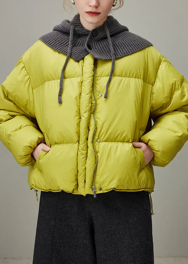 Lemon Green Hooded Zippered Knit Patchwork Duck Down Down Coat Winter