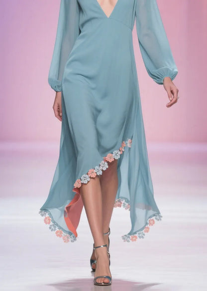 Blue Asymmetrical Chiffon Long Dress Spring