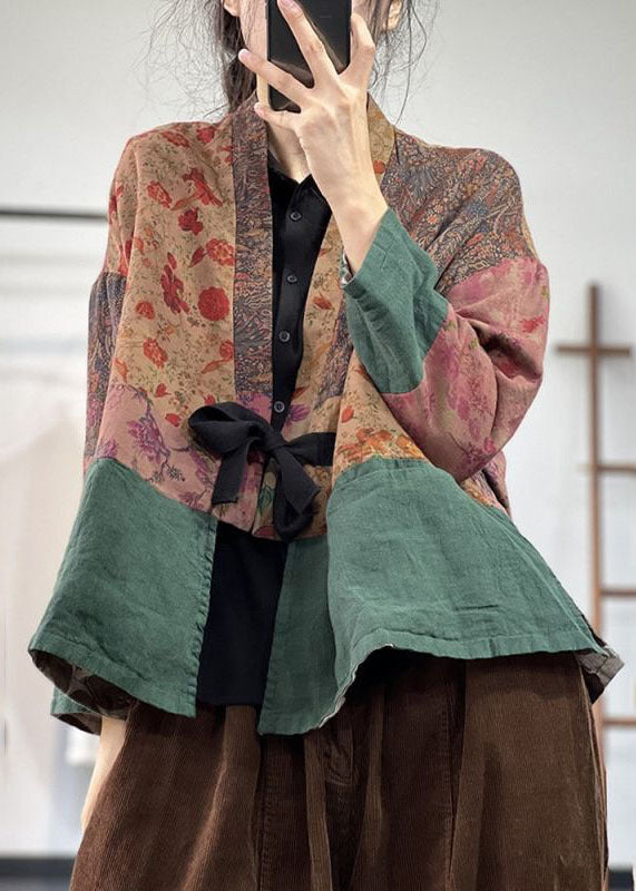Green Tie Waist Patchwork Print Linen Cardigan Fall