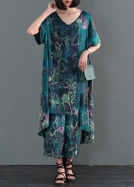 Coffee Print Low High Design Silk Holiday Dress and Pant Two Pieces Set Fall