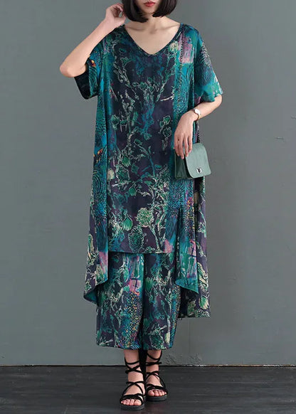 Coffee Print Low High Design Silk Holiday Dress and Pant Two Pieces Set Fall