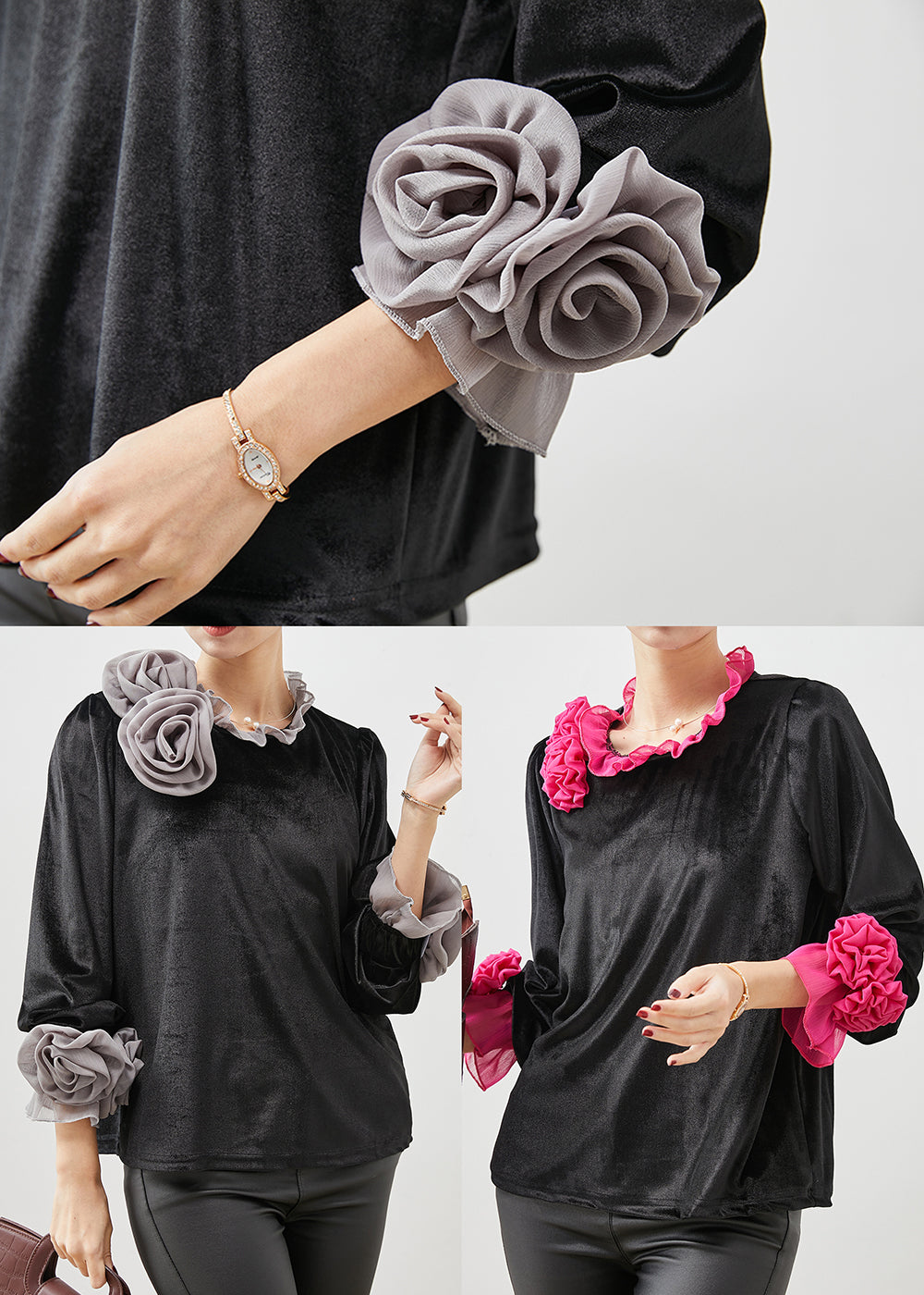 Grey Silk Velour Shirt Top Ruffled Spring